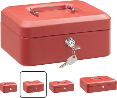 ARREGUI Elegant C9224 Stalen Geldkistje | Geldkist | 20 cm Breed | Afsluitbaar Geldkluisje met Legbord | Geldkist met Sleutel en Inzet voor Munten | Kassa | Rood