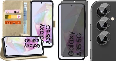 Hoesje geschikt voor Samsung Galaxy A35 - Privacy Screenprotector Volledig Dekkend Glas & Camera - Portemonnee Book Case Goud