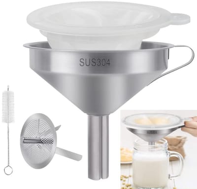 Dailygoods - Roestvrijstalen trechter - Keukentrechter - Multifunctioneel en eenvoudig schoon te maken - 5 inch formaat - Trechterset met zeef en bors...