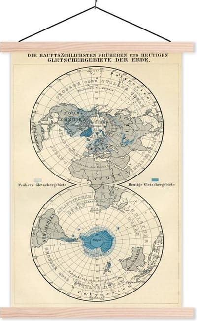 Posterhanger incl. Poster 120x180 cm - Schoolplaat - Gletsjers op vintage wereldkaart - Textielposter - Blanke latten