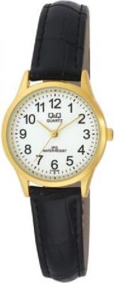 Q&Q C179J104Y - Horloge - Analoog - Vrouwen - Dames - Leren band - Rond - Staal - Zwart - Goudkeurig - Wit - 3 ATM