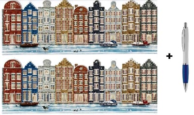 16 Luxe Stans Kerst- en Nieuwjaarskaarten - Hollandse grachtenpanden - 22x8cm - Gevouwen kaarten met enveloppen