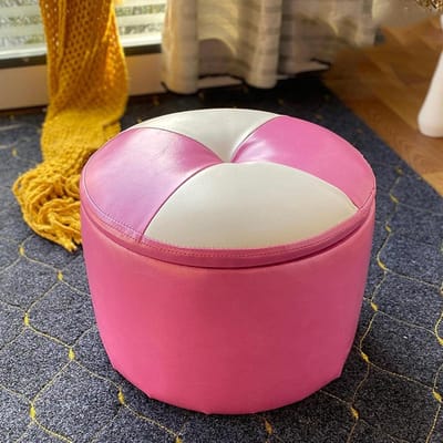 Opbergpoef Leer - Zitzak Poef - Woonkamer Decoratie - Extra Opbergruimte - 40x33cm - Roze Wit