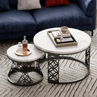 DESMIU Salontafel Set - Contrasterende Kleuren Met Marmerlook En Hoogglans - Voor Woonkamer, Slaapkamer En Balkon - Metaal - Zwart En Wit - 70x70x45 Cm En 45x45x37 Cm