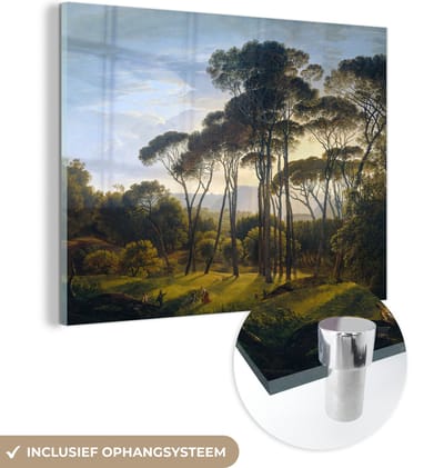 MuchoWow® Glasschilderij 120x90 cm - Schilderij acrylglas - Italiaans landschap met parasoldennen - Kunst - Oude meesters - Foto op glas - Schilderijen
