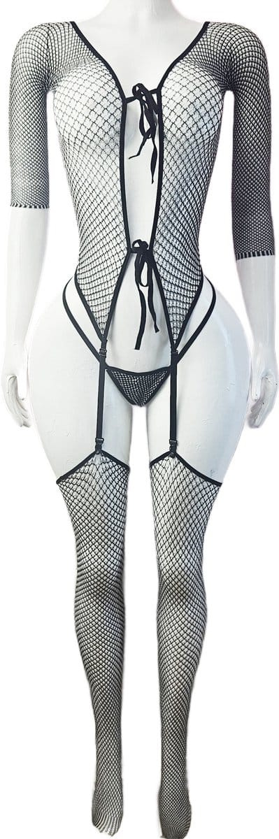BamBella ® - Panty pak -Onesize - body suite set - Dames - Onesize - Erotische jumpsuit van kant erotische lingerie zwart grijs doorzichtig
