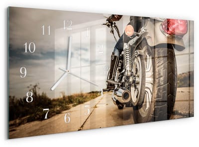 Tulup Wandklok - Motorfiets Gekleurde Glazen Klok - 60x30 cm - Beige Glazen Klok Met Print - Witte Handen - Rechthoekige Wandklok - Glazen Wandklok Design - Klok Glas Met Opdruk