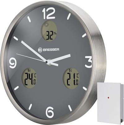 Grote Draadloze Wandklok met Binnen/Buiten Temperatuur en Luchtvochtigheid - Stil Uurwerk
