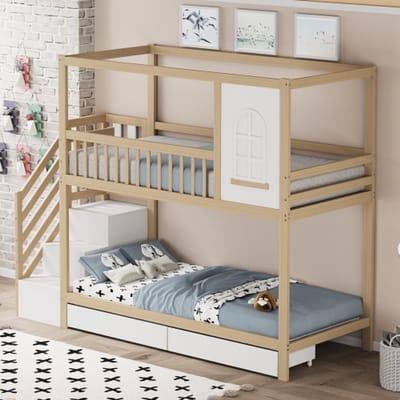 Stapelde Kinderbed 90x200 cm, Massief Houten Tweepersoonsbed in Huisvorm met Ramen, Veiligheidshekje, Opberglades en Veilige Trap – Houtkleur