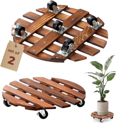 Set van 2 Houten Plantenrollers met Zwenkwielen voor Zware Potten