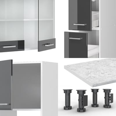 Vicco R-Line Keukenblok – 350 cm met hoge kast, met marmeren werkblad Antraciet hoogglans/wit