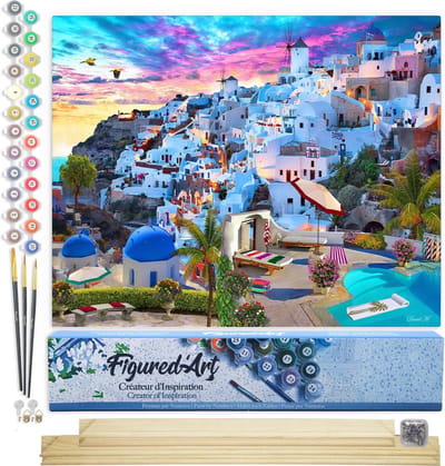 Figured'Art Schilderen op Nummer Volwassenen canvas Landschap van Griekenland - Handwerk acrylverf Kit DIY Compleet - 40x50cm met DIY houten lijst
