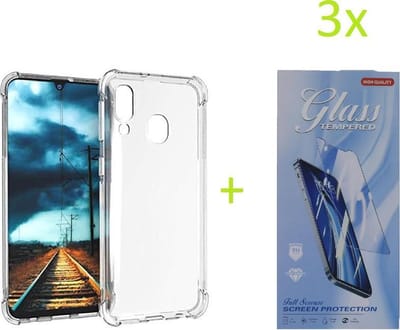 Hoesje Geschikt voor: Samsug Galaxy A40 - Anti Shock Silicone Bumper - Transparant + 3X Tempered Glass Screenprotector