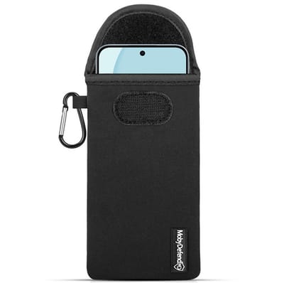 MobyDefend Hoesje - Geschikt voor Oppo Reno14 F / Oppo Reno14 FS - Neopreen Pouch Met Karabijnhaak - Insteek - Riemlus - Zwart