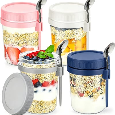 Set van 4 glazen bekers met deksel en lepel, 450 ml, luchtdicht- Geschikt voor havermout, overnight oats en salades