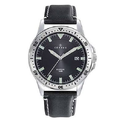Certus-Herenhorloge-model 611311-lichtgevende wijzers-zilverkleurig edelstaal-zwart leder-10 bar waterdicht-diameter 40 mm-gemaakt in Frankrijk-