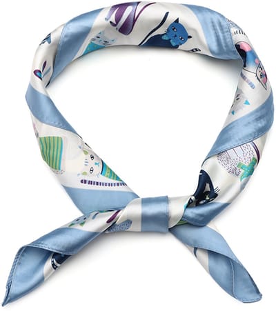 Vierkante Sjaal met Geanimeerd Kattenmotief en Fijne Randlining (70x70cm) - Blauw