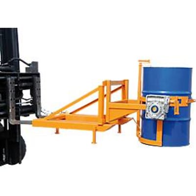 Vatenkantelaar Bauer type FD/L, voor vaten van 110 tot 220 l, 360 kg, 270° kantelbaar, met handslinger, vorkheftruckmontage, geel-oranje RAL 2000