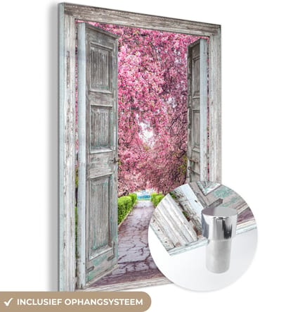 MuchoWow® Glasschilderij 30x40 cm - Schilderij acrylglas - Sakura - Doorkijk - Boom - Kersenbloesem - Foto op glas - Schilderijen