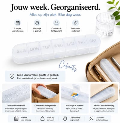 Cabantis® Pillendoos Week - Medicijndoos 7 Dagen - Pillen Organizer voor Medicatie, Vitamines & Supplementen - Compacte Weekdoos voor Onderweg - Transparant Wit