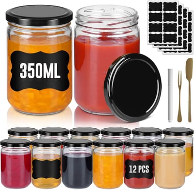 ACXIN Kleine Bewaarpotjes Mason Jars - Luchtdichte Ronde Potjes Met Metalen Deksel - Zwart - 350 ml - Set Van 12