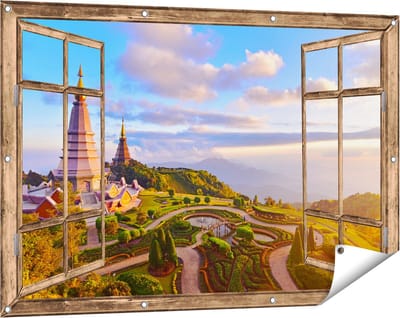 Gards Tuinposter Doorkijk Pagode Tempels in de Inthanon Berg in Thailand - 120x80 cm - Tuindoek - Tuindecoratie - Wanddecoratie buiten - Tuinschilderij