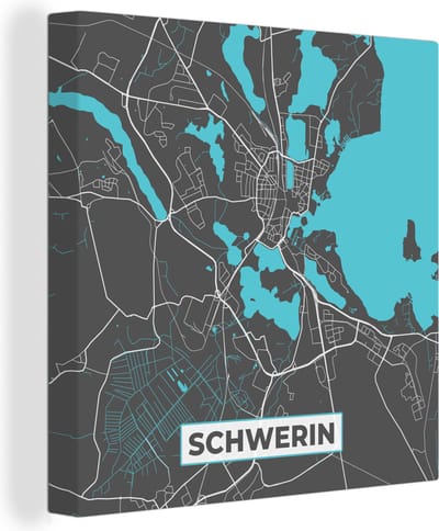 Canvas Schilderij Stadskaart – Schwerin – Duitsland – Plattegrond – Kaart - 20x20 cm - Wanddecoratie