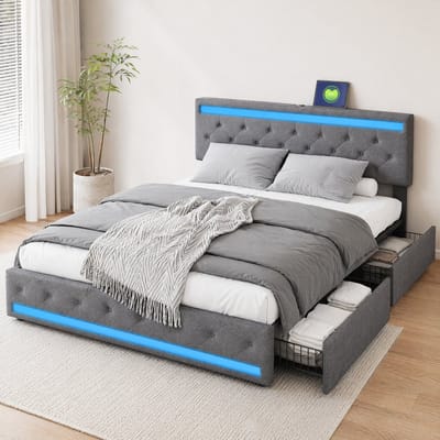 Modern Bedframe 180x200 cm met RGB LED-Verlichting, 4 Opberglades en USB - Grijs Linnen
