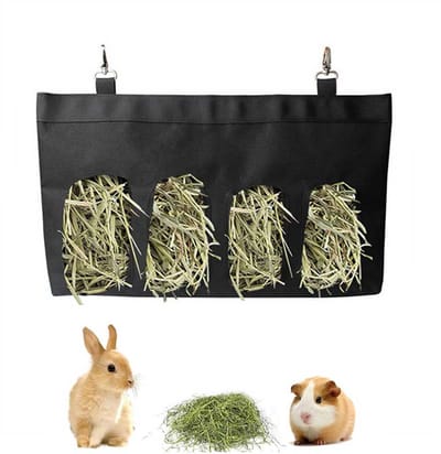 Hooivoerzak - Hooivoerzak voor konijnen - Hooivoerzak voor cavia's - Voerzak voor kleine dieren - Hangende voerzak -4-gats ontwerp - Hooiopbergzak - Voeropbergzak voor kleine dieren - Geschikt voor konijnen, chinchilla's en hamsters - Zwart