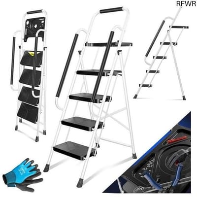 RFWR® Vouwladder met 4 Treden en Leuningen - Belastbaar tot 150 kg, Antislip, Inclusief Werkhandschoenen