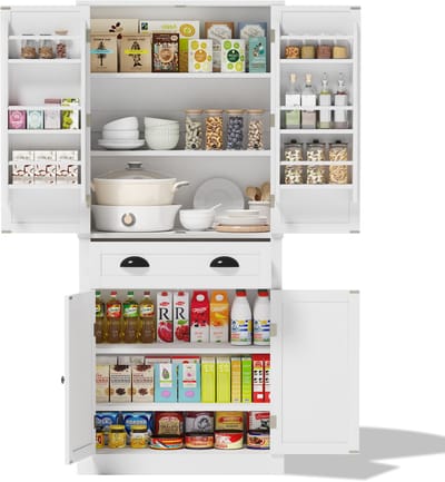 DENMOSTY Keukenkast Vrijstaand - Hoge Voorraadkast met 4 Deuren en Lades - Verstelbare Planken - Voor Keuken en Eetkamer - Industriële Stijl - 80 × 40 × 182 cm - Wit