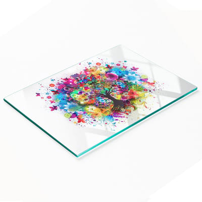 Duurzame en stijlvolle glazen snijplank met een kleurrijk boommotief, 80x52 cm
