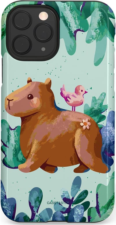 Casetastic Hoesje Geschikt voor Apple iPhone 11 Pro - Stijlvolle Beschermende Duo-layer Case - Capibara Vogeltjes Vriend