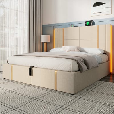 VVBV Opbergbed Gestoffeerd 180x200 cm met Houten Lattenbodem, Lattenbodem - USB-C - Hout/Linnen Beige - Zonder Matras