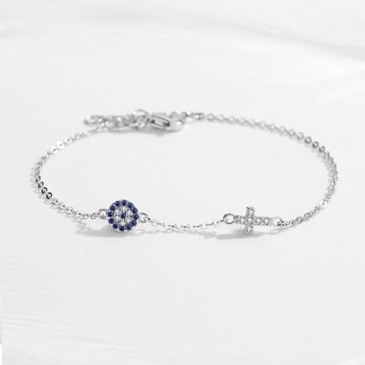 Bracelet en argent sterling 925 avec breloque en forme de croix bleue contre le mauvais œil pour femme, bijoux porte-bonheur en zircone cubique white