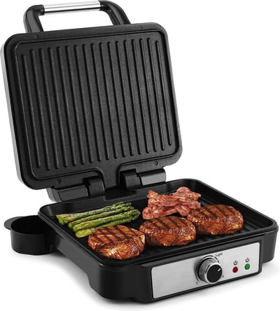 Intelectro Tosti Apparaat - Ontdek de Ultieme Culinaire Veelzijdigheid! - 3 in 1 Elektrische Grill - Dubbelzijdig Bakken - Anti Aanbaklaag - 1800W - Verwijderbare Tray - Verschillende Modi - Zwart/Zilver - Levering Sneller dan Aangegeven!