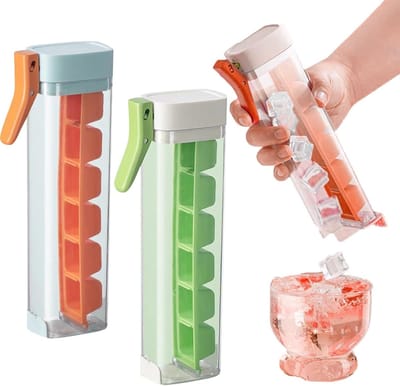 2-delige ijsblokjesvormenset – Vierkante ijsblokjesvormen met handvat – Met één hand in te drukken ijsmakers – 6-vaks ijsblokjesvormen voor drankjes (Oranje + Groen)