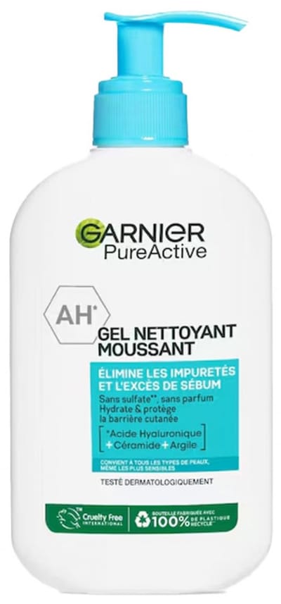 Garnier Nettoyant doux et hydratant pour le visage, avec acide hyaluronique hydratant, céramides protectrices, argile purifiante, sans parfum, convient aux peaux sensibles, pur actif, 250 ml