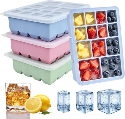 IJsblokjeshouder met deksel, 3 stuks, siliconen ijsblokjesvorm met 13 vakken, BPA-vrij en stapelbaar, perfect voor cocktails en drankjes