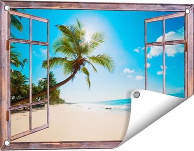 Gards Tuinposter Doorkijk Tropisch Strand en Zee in Sri Lanka - 60x40 cm - Tuindoek - Tuindecoratie - Wanddecoratie buiten - Tuinschilderij