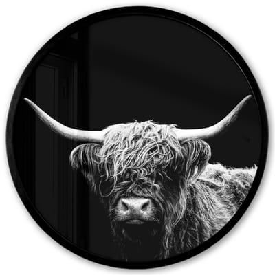 Poster in lijst Rond - Fotolijst 40x40 cm - Posters - Schotse Hooglander - Koe - Zwart - Wit - Dieren - Ronde posterlijst zwart - Decoratie - Wanddecoratie woonkamer - Muurdecoratie slaapkamer