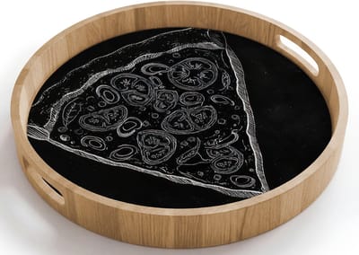 Dienblad rond 40x40 cm - Schootdienblad hout - Pizzapunt - Toppings - Krijttekening - Borrelplank rechthoek - Plateau houten dienbladen