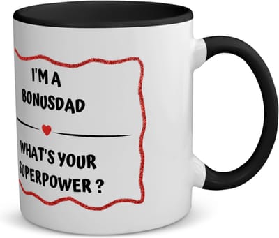 Akyol - i'm a bonusdad what's your superpower? koffiemok - theemok - zwart - Papa - super bonusvader - vader cadeautjes - vaderdag - verjaardag - geschenk - kado - 350 ML inhoud