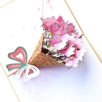 Popupkaart - Bloemenkaart met boeket Magnolia Felicitatie Moederdag Bedankt Verjaardag pop-up wenskaart