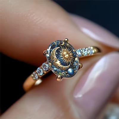 Bohemian Zon Maan Ster Print Verklaring Ring Ovaal Glas CZ Ingelegd Ring Dames Mysterieuze Astrologie Sieraden Cadeau 6 brown
