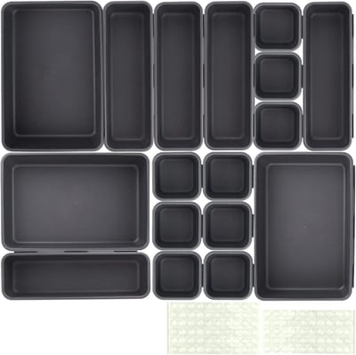 Lade-organizer, 17 stuks, opbergsysteem, lade-organizer, lade, make-uptafel, organizer, ladeverdeler voor kantoor, make-uptafel, keuken, badkamer (3 maten, zwart)