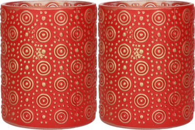 Countryfield Luxe theelichthouder - 2x stuks - Fantasy - glas - rood/goud - D8 x H10 cm