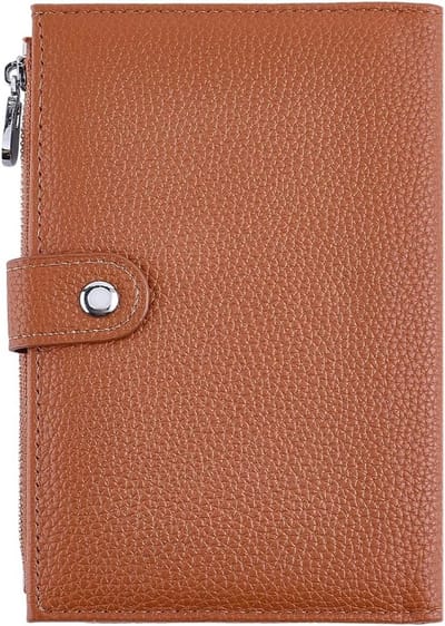 Dailygoods - Bruine paspoorthoes van PU-leer, waterdicht, RFID-blokkerend, creditcardhouder, paspoortorganizer, beschermhoes met ritsvak en drukknoopsluiting, ideaal voor op reis