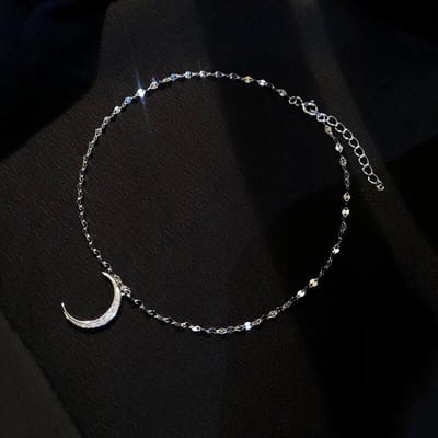 Bracelet de Cheville Lune en Argent Sterling 925 Zircon Cubique Délicat Ménisque Bijou Pour Femmes Été Plage Cadeau S -B321 black