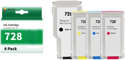 INKFIND 728 Zwart/Cyaan/Magenta/Geel vervangt HP 728 multipack zwart + 3 kleuren F9J68A/F9J67A/F9J66A/F9J65A hoge capaciteit - 4-pack MBKCMY